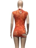 Women Summer Orange Print Mesh Sleeveless Bodysuit and Lace-Up Mini Skirt Two Piece Set