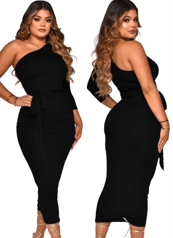 Women Summer Black One Shoulder Scrunch Long Party Dress