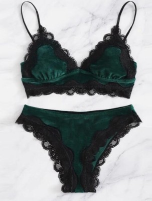 Women Green Lace Patch Velvet Bra and Panty Valentine Lingerie Set