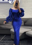 Women Spring Blue Leopard Print Off Shoulder Puff Sleeves Mature Evening Dress