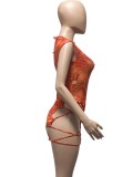 Women Summer Orange Print Mesh Sleeveless Bodysuit and Lace-Up Mini Skirt Two Piece Set