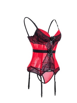 Women Red Mesh Two Piece Plus Size Garter Lingerie Set