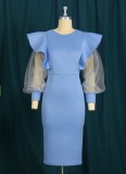 Women Spring Blue Puff Sleeves Patchwork Ruffles Midi Party Dress