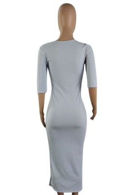 Women Summer Grey Ribbed Half Sleeves Plunging Slit Long Party Dress