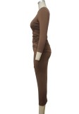 Women Summer Brown One Shoulder Scrunch Long Party Dress