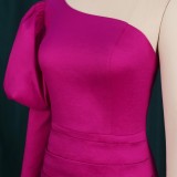 Women Spring Rose Puff Sleeves One Shoulder Mature Evening Dress