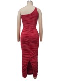 Women Summer Red One Shoulder Pleated Long Party Dress