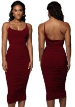 Women Summer Burgunry One Shoulder Pleated Long Party Dress