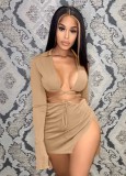 Women Spring Khaki Sexy Strings Crop Top and Slit Mini Skirt Two Piece Set