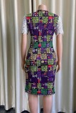 Women Spring Multi-Color Print Lace Patch Mature Midi Dress