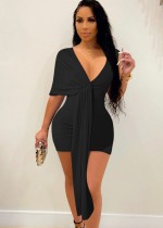 Women Summer Black Sexy Deep-V Mini Club Dress