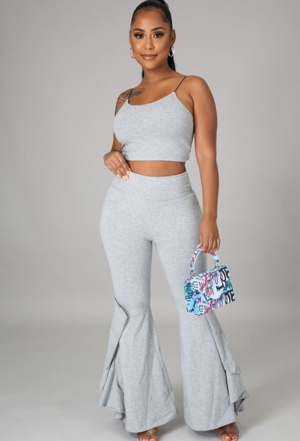 Women Summer Grey Strap Crop Top and High Waist Bell Pants Two Piece Set