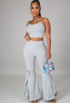 Women Summer Grey Strap Crop Top and High Waist Bell Pants Two Piece Set