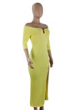 Women Summer Yellow Ribbed Half Sleeves Plunging Slit Long Party Dress