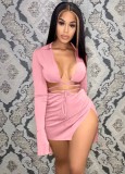 Women Spring Pink Sexy Strings Crop Top and Slit Mini Skirt Two Piece Set