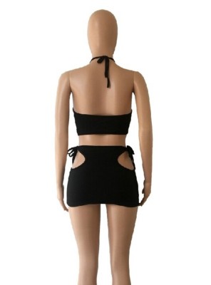 Women Summer Black Sexy Halter Crop Top and Hollow Mini Skirt Two Piece Set