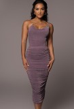 Women Summer Purple One Shoulder Pleated Long Party Dress