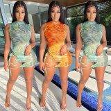 Women Summer Green Print Mesh Sleeveless Bodysuit and Lace-Up Mini Skirt Two Piece Set