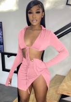 Women Spring Pink Sexy Strings Crop Top and Slit Mini Skirt Two Piece Set
