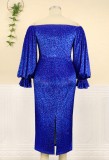 Women Spring Blue Leopard Print Off Shoulder Puff Sleeves Mature Evening Dress