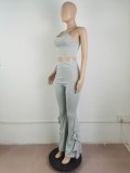 Women Summer Grey Strap Crop Top and High Waist Bell Pants Two Piece Set