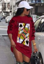 Women Spring Burgunry Poker Print Long Sleeve O-Neck Shirt Dress