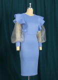 Women Spring Blue Puff Sleeves Patchwork Ruffles Midi Party Dress