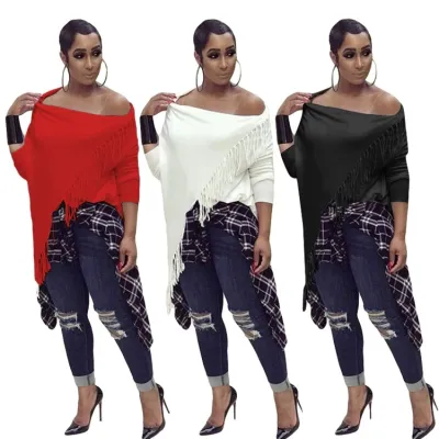 Women Spring Red Long Sleeves Irregular Fringe Tops