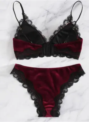 Women Burgunry Lace Patch Velvet Bra and Panty Valentine Lingerie Set