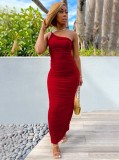 Women Summer Red One Shoulder Pleated Long Party Dress