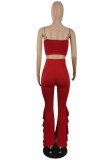 Women Summer Red Strap Crop Top and High Waist Bell Pants Two Piece Set