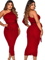 Women Summer Red One Shoulder Scrunch Long Party Dress