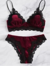 Women Burgunry Lace Patch Velvet Bra and Panty Valentine Lingerie Set