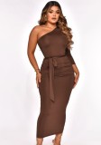 Women Summer Brown One Shoulder Scrunch Long Party Dress