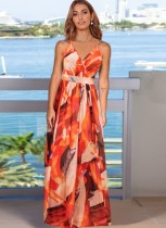Summer Women Orange Backless Straps Beach Maxi Casual Dress