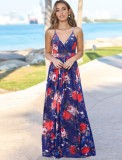 Summer Women Blue Floral Backless Straps Beach Maxi Casual Dress
