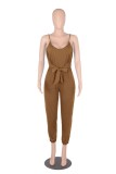 Summer Women Casual Brown U-neck Tied Bow Straps Jumpsuit