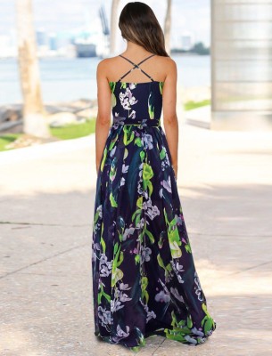 Summer Women Green Floral Backless Straps Beach Maxi Casual Dress