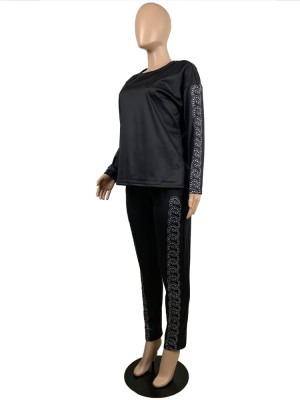 Spring Women Casual Black Printed 0-neck Long Sleeve Loose Blouse and Match Pants Two Piece Set