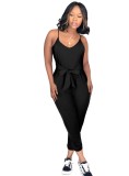 Summer Women Casual Black U-neck Tied Bow Straps Jumpsuit