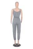 Summer Women Casual Gray U-neck Tied Bow Straps Jumpsuit