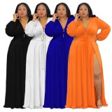 Spring Womne Plus Size Orange V-neck Long Sleeve Slit Maxi Dress