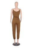 Summer Women Casual Brown U-neck Tied Bow Straps Jumpsuit