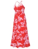 Summer Women Red Floral Backless Straps Beach Maxi Casual Dress