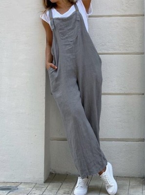 Spring Women Casual Gray Pocket Straps Loose Overall Jumpsuit