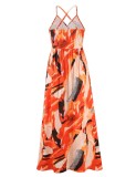 Summer Women Orange Backless Straps Beach Maxi Casual Dress