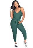Summer Women Casual Green U-neck Tied Bow Straps Jumpsuit