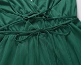 Summer Women Sexy Green Deep V-neck Straps Backless A-line Mesh Party Dress