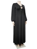 Spring Womne Plus Size Black V-neck Long Sleeve Slit Maxi Dress