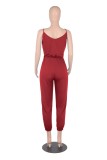 Summer Women Casual Red U-neck Tied Bow Straps Jumpsuit